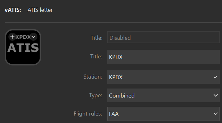 Screenshot of an ATIS letter action configuration, with the title and callsign set to KPDX and the type set to Combined.